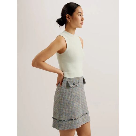 Ted Baker Mayumid Tweed Mini Dress White Ribbed Sleeveless Sz 12 US (5 Ted) - Picture 3 of 15